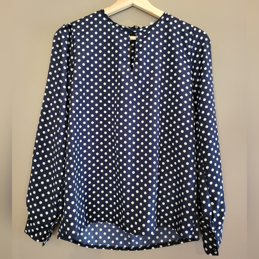 Large Long Sleeve Navy Blue Polka Dot Blouse